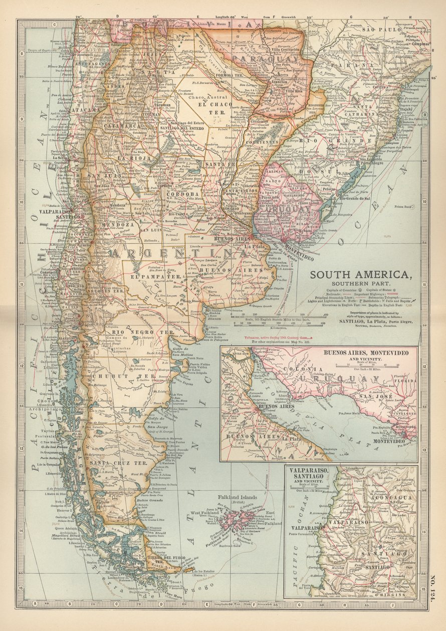 Kartta Etelä-Amerikan eteläosasta, noin 1900 (kaiverrus) tekijältä Unbekannter Künstler