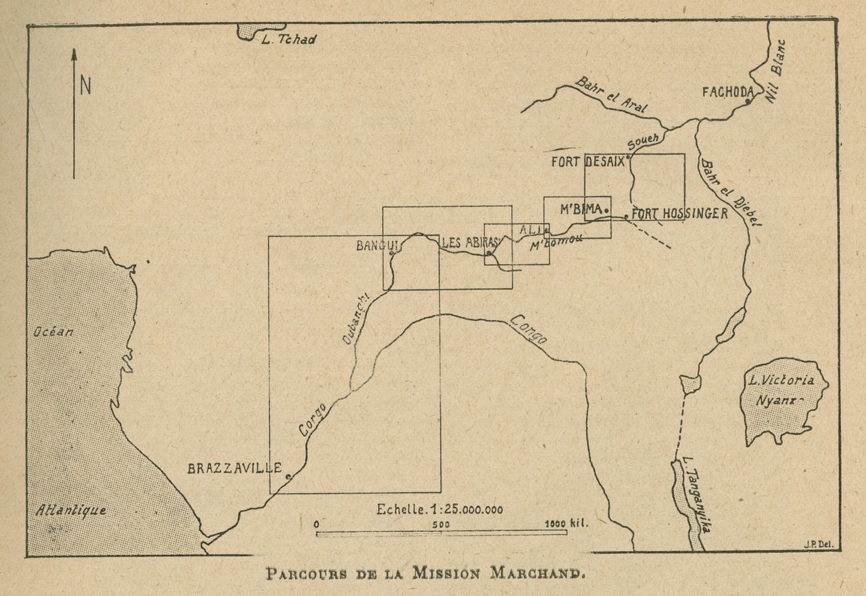 Kartta, joka näyttää Marchandin lähetysreitin vuonna 1898 (litho) tekijältä Unbekannt
