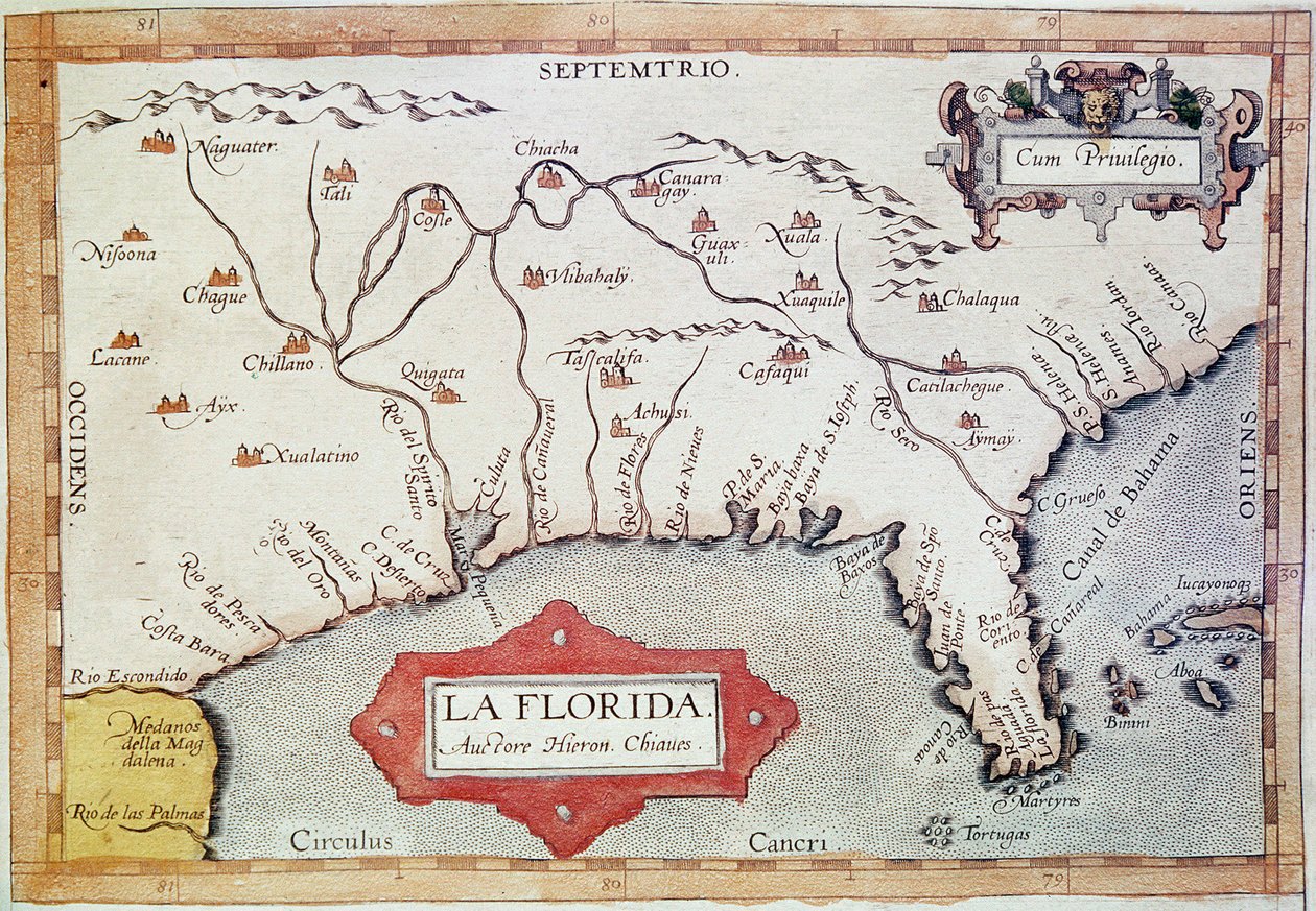 Kartoitus "Florida". Näemme Kravun kääntöpiirin, Bahamat ja Tortugas-saaret. Kartografi Abraham Orteliuksen (1527-1598) teoksessa "Teatrum Orbis Terrarum". tekijältä Unbekannter Künstler