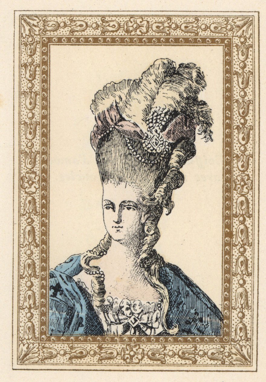 Ranskan kuningas Ludvig XVI:n puoliso Marie Antoinette, jolla on nauhojen ja helmien kruunaama hienostunut kampaus. tekijältä Unbekannter Künstler