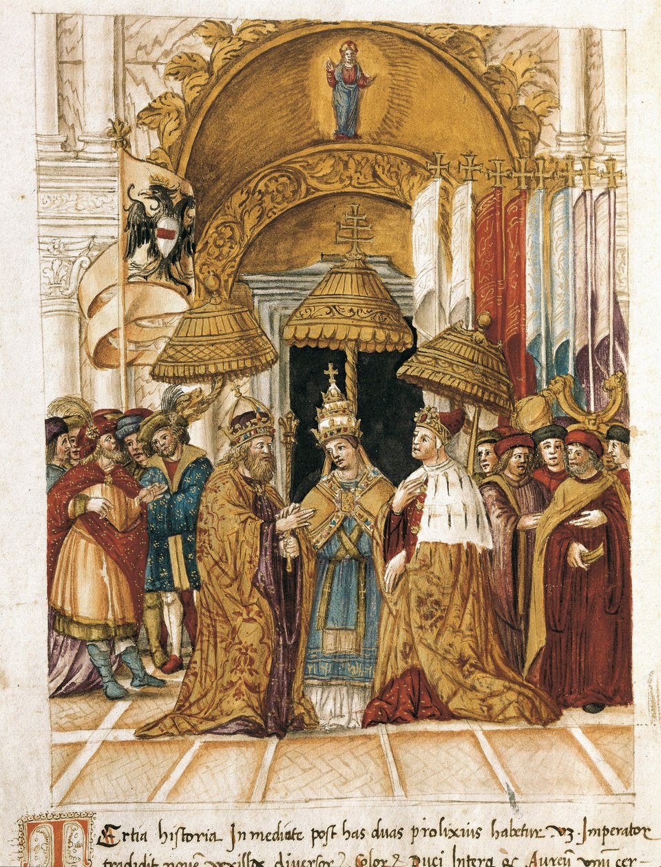 Frederic Barberossan (Federico Barbarossa) ja paavi Aleksanteri III:n (Alexander, Alessandro III) (1105-1181) tapaaminen Venetsian dogen palatsissa vuonna 1177. tekijältä Unbekannter Künstler