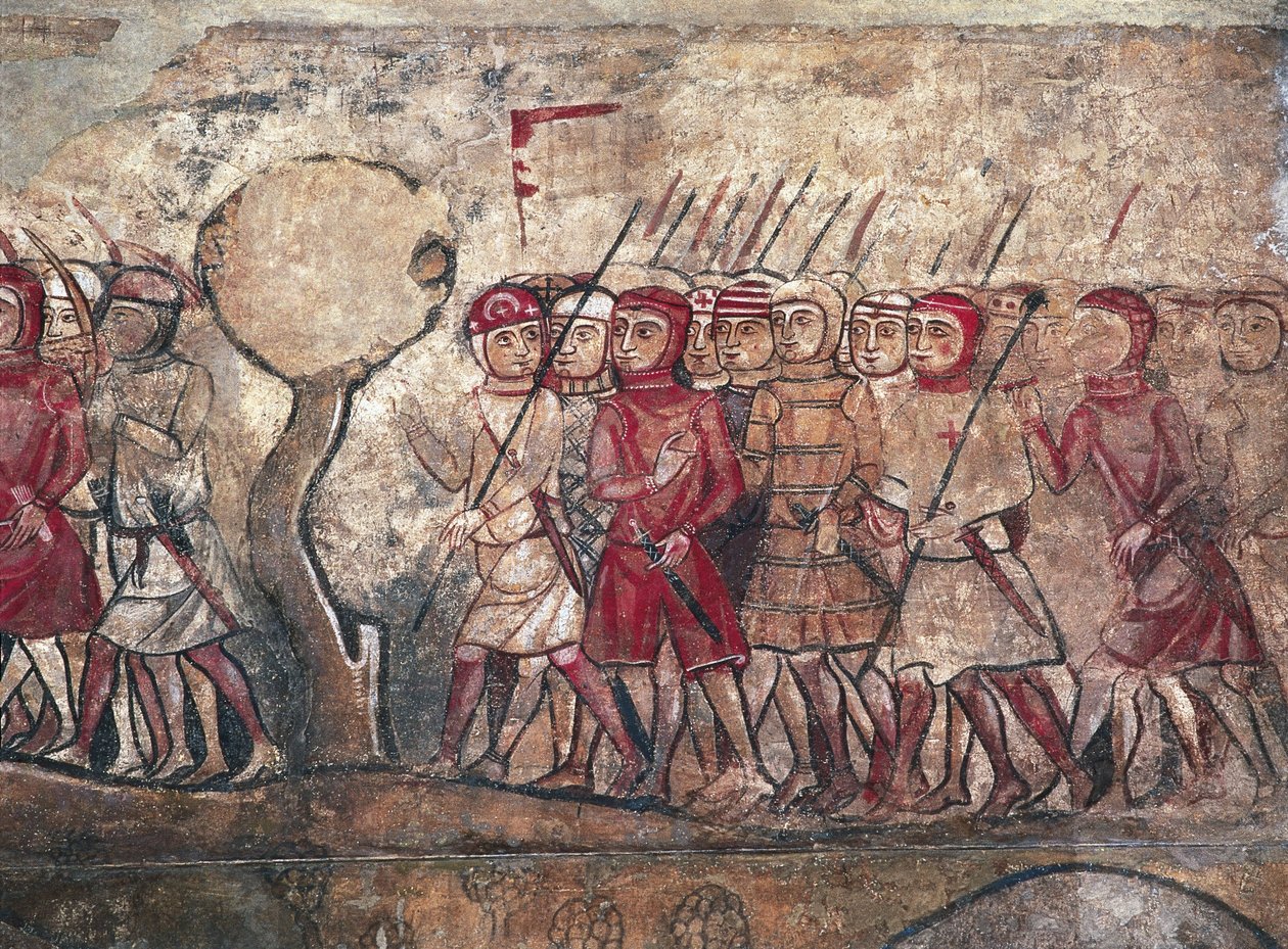 Valloittajana tunnetun Aragonian kuningas Jaakko I:n johtama sotilaskokous, Palau Reial Majorin fresko, Barcelona. tekijältä Unbekannter Künstler