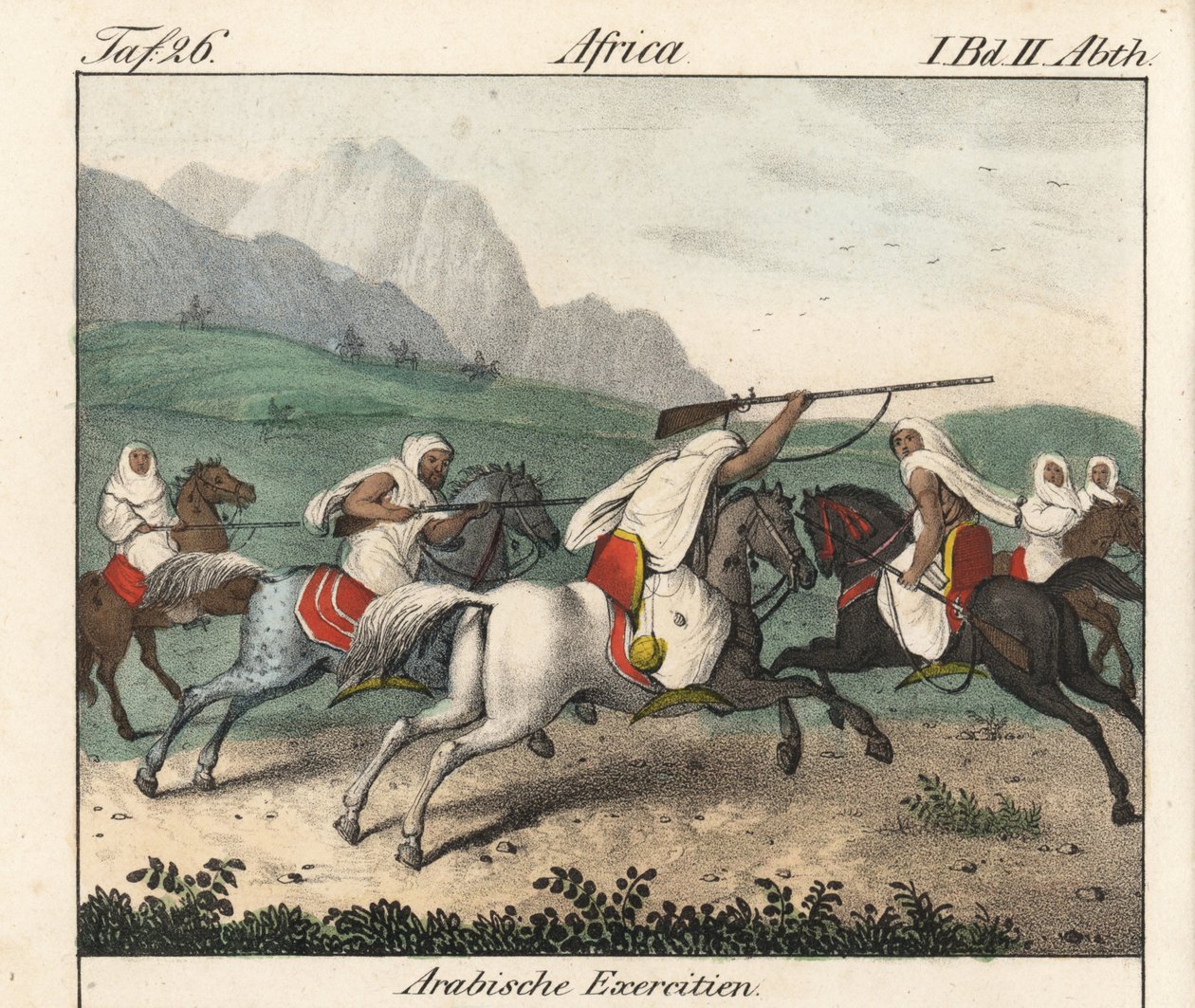 Sotaharjoitukset, arabialaisten ratsumiesten hyökkäys. Kirjan litografia: Friedrich Wilhelm Goedsche (1785-1863) "Galerie complete en tableaux fideles des peuples d