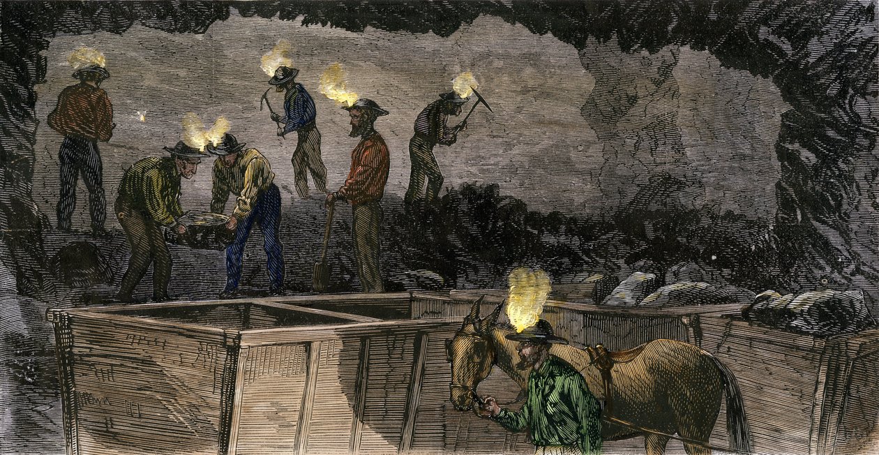 Kaivostyöläiset kaivamassa kaivosta ja lastaamassa hiiltä muulien käyttämiin pieniin vaunuihin Pennsylvaniassa. Värillinen kaiverrus vuodelta 1860. tekijältä Unbekannter Künstler