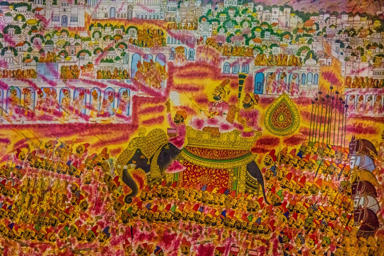 Miniatyyrimaalaus Fortista Jodhpurissa, Holi-festivaali, Mandawa, Rajasthan, Intia, Aasia (kuva) tekijältä Unbekannter Künstler