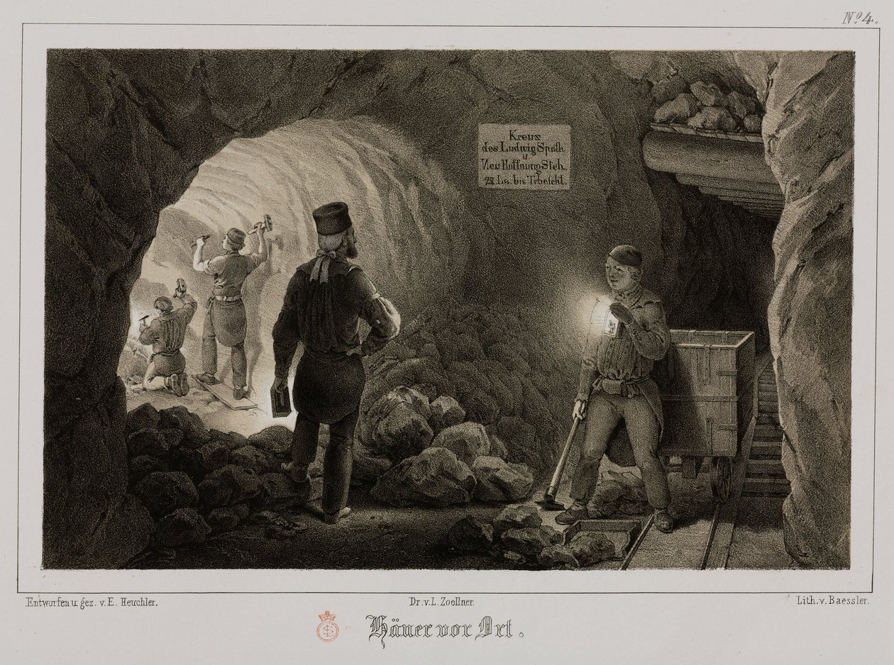 Kaivostoiminta, metallimalmit kaivostyöläiset, Saksa, n. 1851 tekijältä Unbekannt