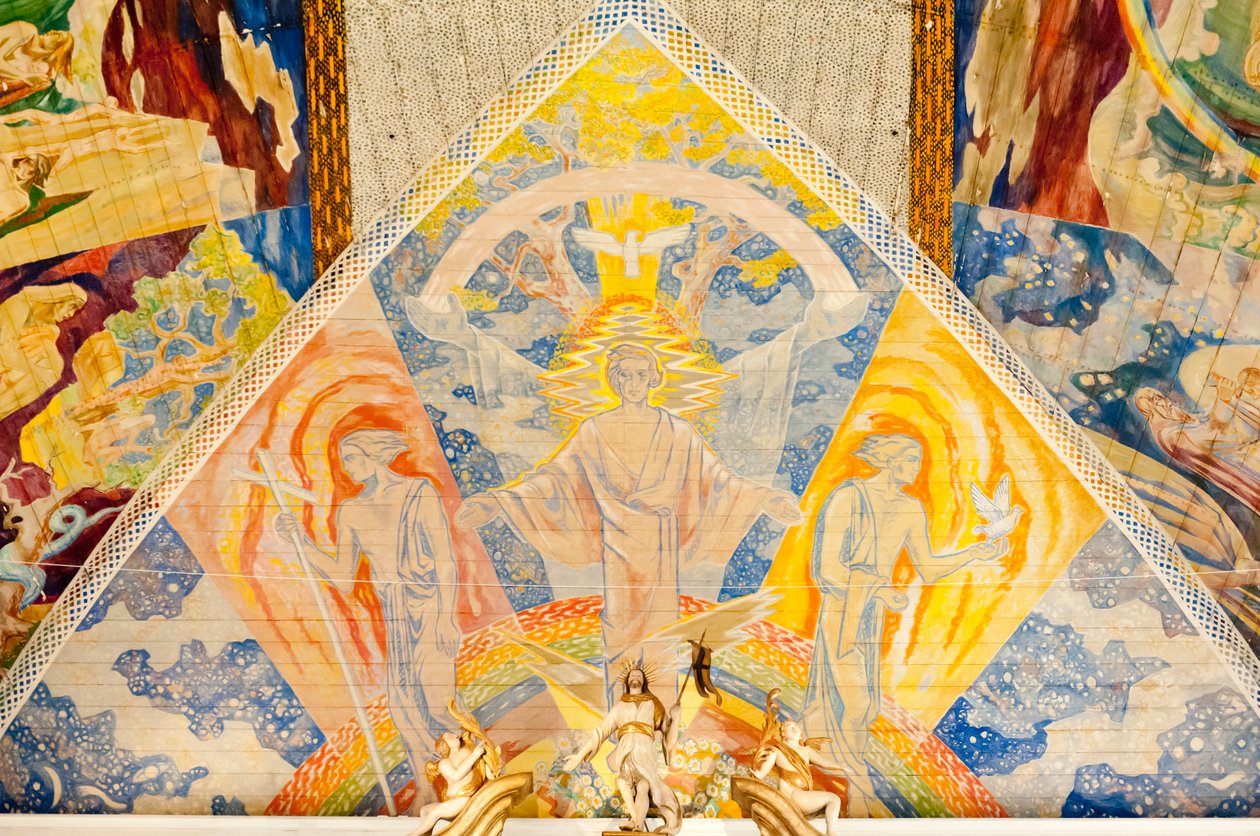 Nykytaide; Lou Mohrin värikäs kattomaalaus; """" Kolminaisuus""""; 1938; maalaus Jeesuksesta Kristuksesta Oslon katedraalissa; Olso Domkirke; Oslo; Norja; Skandinavia; Pohjoinen Eurooppa; Euroopassa tekijältä Unbekannt