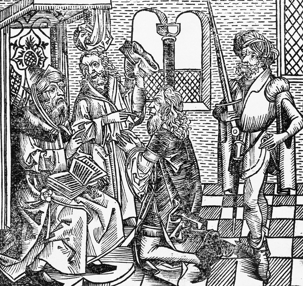 Mohammed hovissa, saksalainen puupiirros, Hartmann Schedelin Nürnbergin kronikasta (Liber Chronicarum) tekijältä William M. Timlin