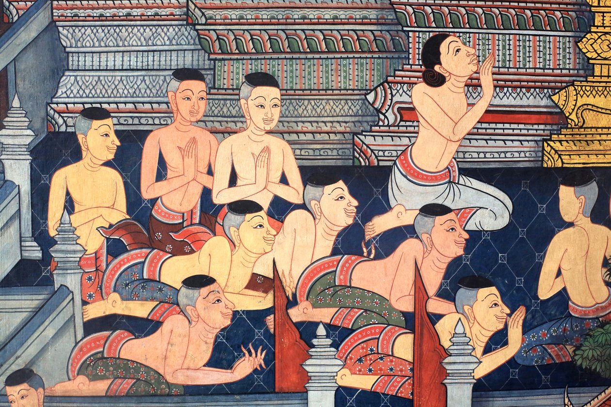 Munkit. Viharan sisäseinien seinämaalausyksityiskohta kuningas Rama III:n aikakaudelta, joka kuvaa Ramakienia. Wat Pho - Wat Phra Chetuphon. 1788. Bangkok. Thaimaa tekijältä Unbekannt