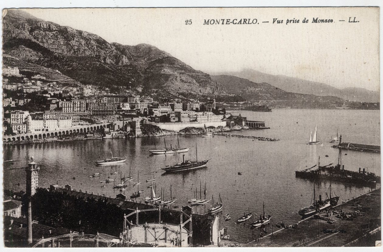 Monte Carlo (Monte-Carlo): Näkymä kaupunkiin otettuna Monacosta - Postikortti 1800-1900-luvun lopulla tekijältä William M. Timlin