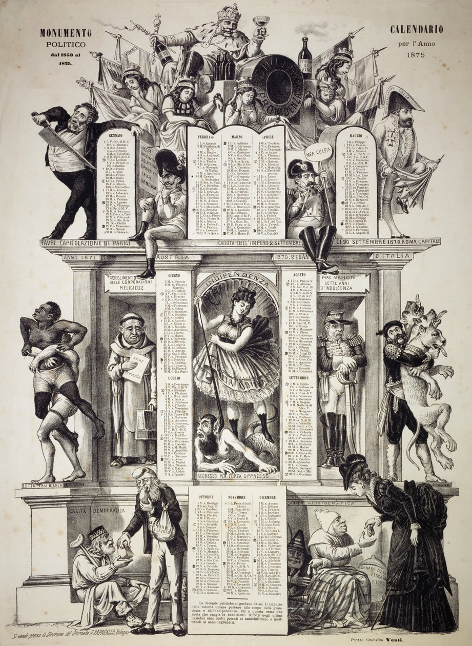 Monumentaalinen poliittinen kalenteri, vuosi 1875, Giorgio Ansaldi, joka tunnetaan myös nimellä Dalsani (1844-1922), alhaalla vasemmalla, Grossi Auguston käsinkirjoitettu kirjoitus, satiirisen sanomalehden Il Pappagallo (Papukaija) perustaja, Italia tekijältä William M. Timlin
