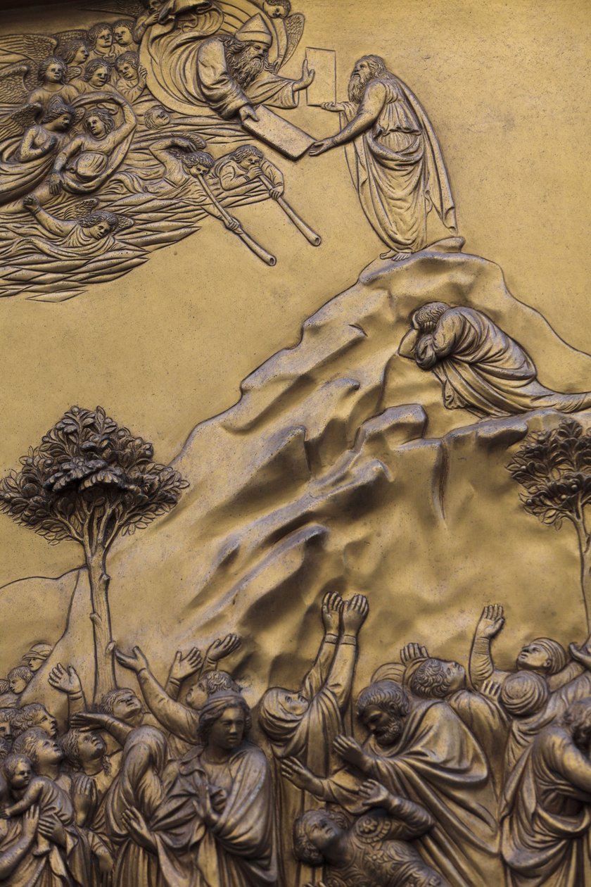 Mooses saa kymmenen käskyä Firenzen kastekappelin itäinen portti, jota Michelangelo kutsui myös taivaan porteiksi, 1400-luvun pronssiveistos, Lorenzo Ghiberti (1425-1452), Firenze, Italia tekijältä Unbekannt