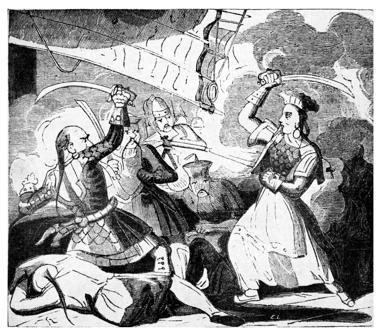 Rouva Ching heiluttelee miekkaa, n. 1810 (kaiverrus) tekijältä Unbekannter Künstler
