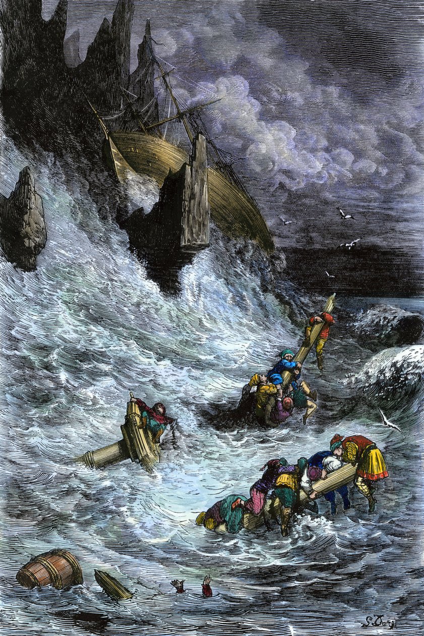 Myytit ja legendat: Sinbad (Sindbad) ja hänen seuralaisensa 1001 yön (tuhannen ja yhden yön) jälkeen. Gustave Doren värikaiverrus. tekijältä Unbekannter Künstler