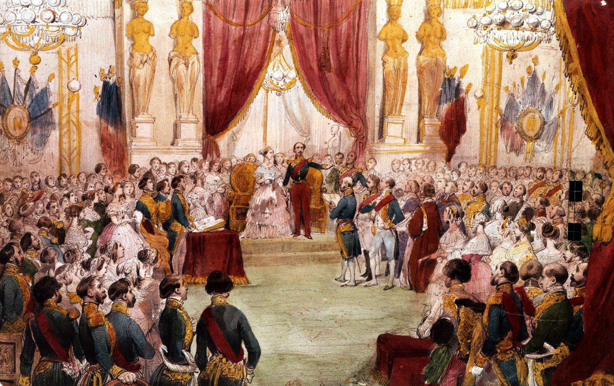 Napoleon III siviilivihkiminen vuonna 1853 : keisari esittelee vaimonsa Eugeniaa hoville, akvarelli 1800-luvulta tekijältä Unbekannter Künstler
