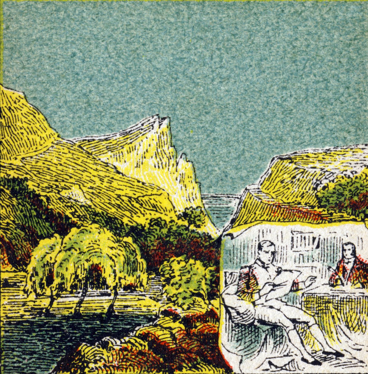 Napoleon I Bonaparte maanpaossa Sainte Helenen saarella. Kaiverrus kirjassa "Histoire de France". Mainoskuvasarja, joka on julkaistu Louit