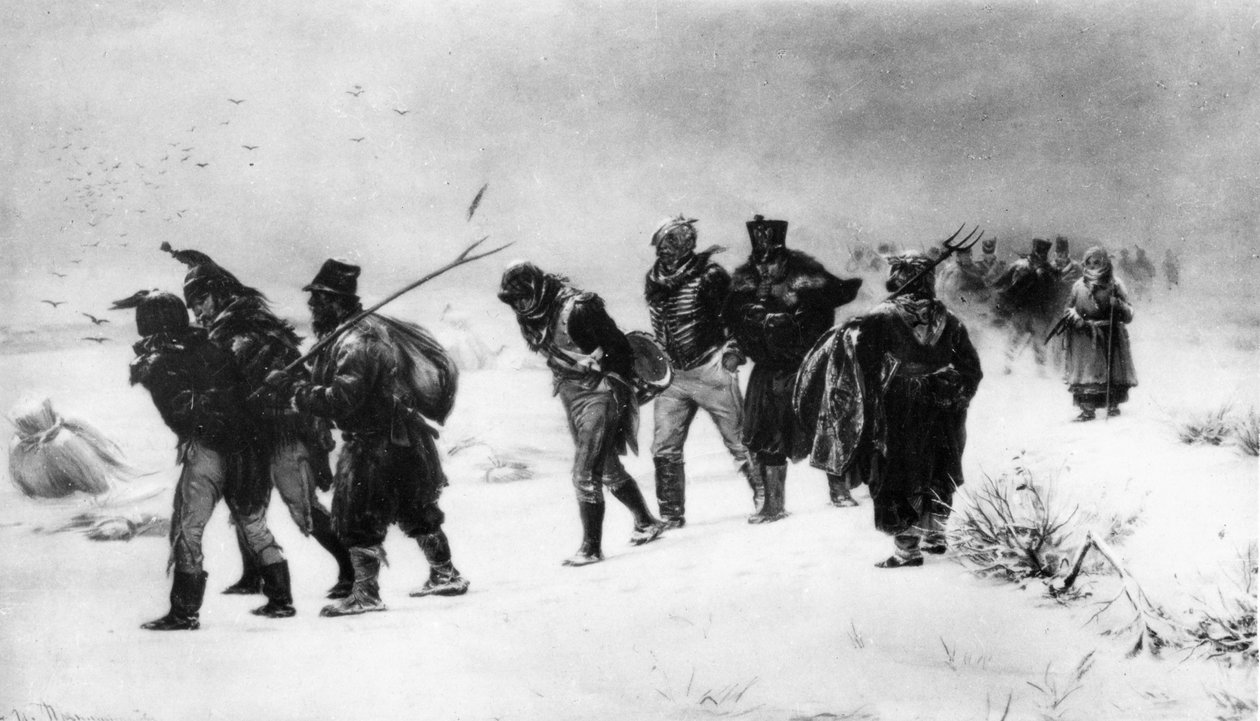 Napoleonin sota 1812, Ranskan armeijan vetäytyminen 1812, Pryanishnakovin maalauksesta. tekijältä Unbekannt