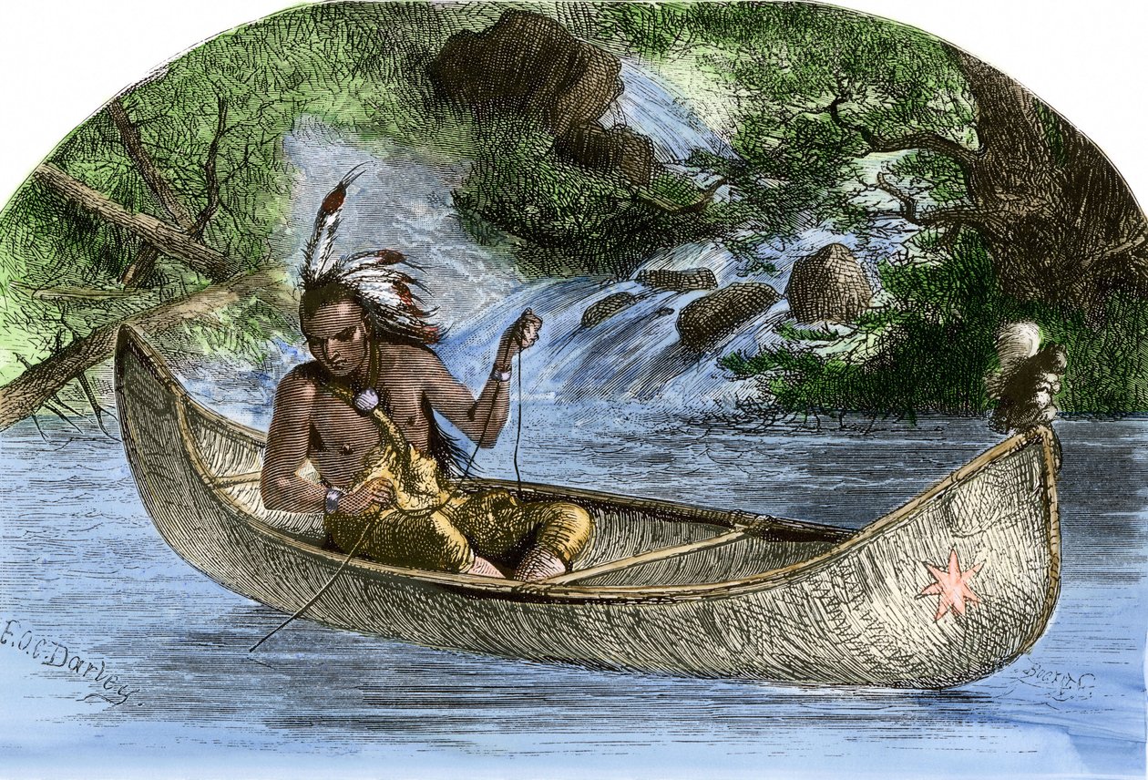 Amerikan alkuperäisväestö: intiaanit. Hiawatha kalastamassa kanootilla. Värikaiverrus 1800-luvulta. tekijältä Unbekannter Künstler