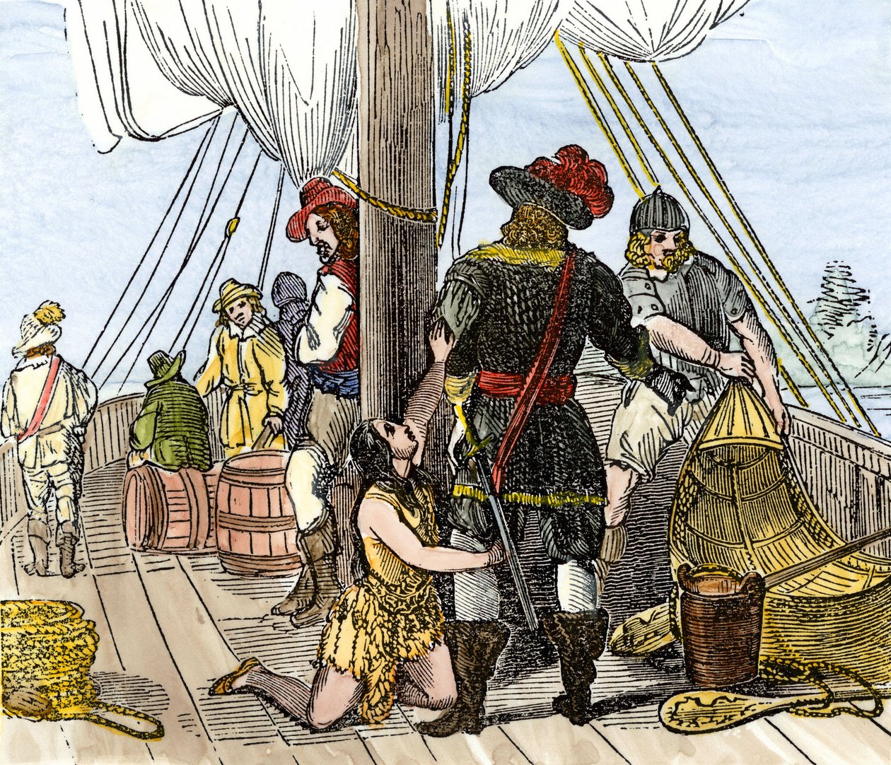 Amerikan alkuperäisväestö: intiaanit. Pocahontas vangittiin Jamestownin laivalla. Värikaiverrus 1800-luvulta. tekijältä Unbekannter Künstler
