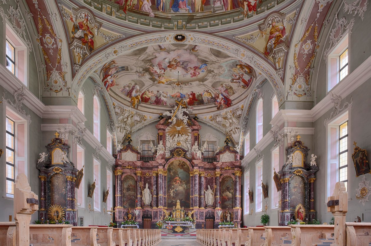 Nave, alttari, kattomaalaus, sisustusvalokuva, St. George Catholic Parish Church, Neustift, Stubai Valley, Tiroli, Itävalta, Eurooppa (kuva) tekijältä Unbekannter Künstler