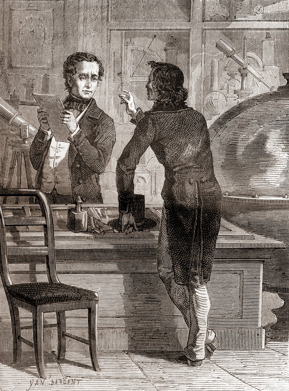 Nicéphore Niépce, vaikka vielä tuntematon ja köyhä, Charles Chevalierin optiikka- ja instrumenttiliikkeessä, Les Merveilles de la Sciencesta, julkaistu n. 1870 (kaiverrus) tekijältä Unbekannt