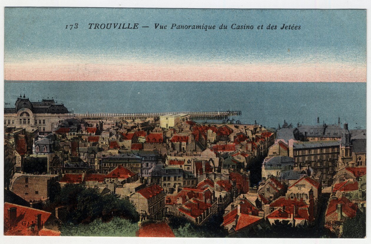 Normandia, Calvados (14), Trouville: vista panoràmica del casino i els molls - Postal finlandesa de finals del segle XIX-XX tekijältä William M. Timlin
