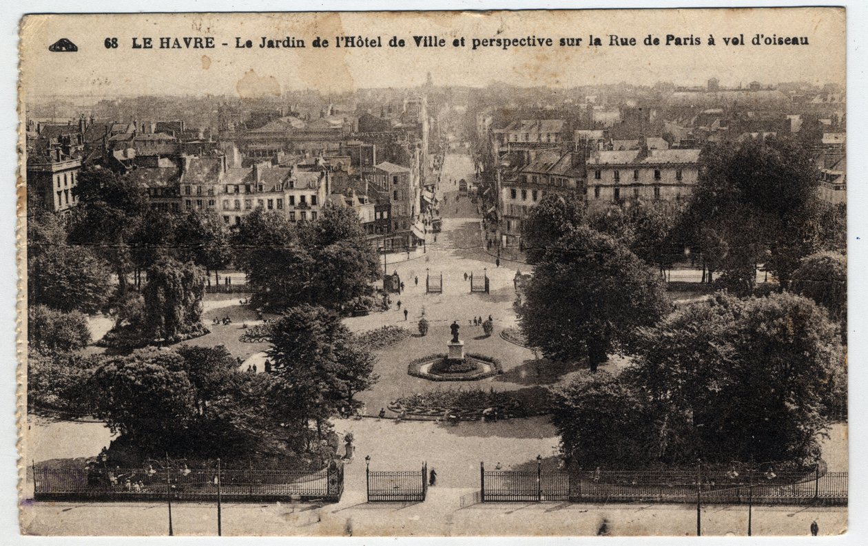 Normandia, Seine Maritime (76), Le Havre: kaupungintalon puutarha ja perspektiivi rue de Paris -kadulle - Postikortti 1800- ja 1900-luvun lopulla tekijältä William M. Timlin