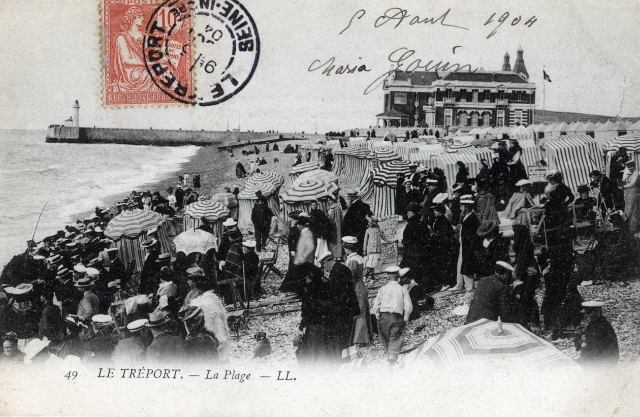 Normandia, Seine Maritime (76), Treport: lomailijoiden joukko rannalla ja kasino taustalla - Postikortti vuodelta 1904 tekijältä William M. Timlin