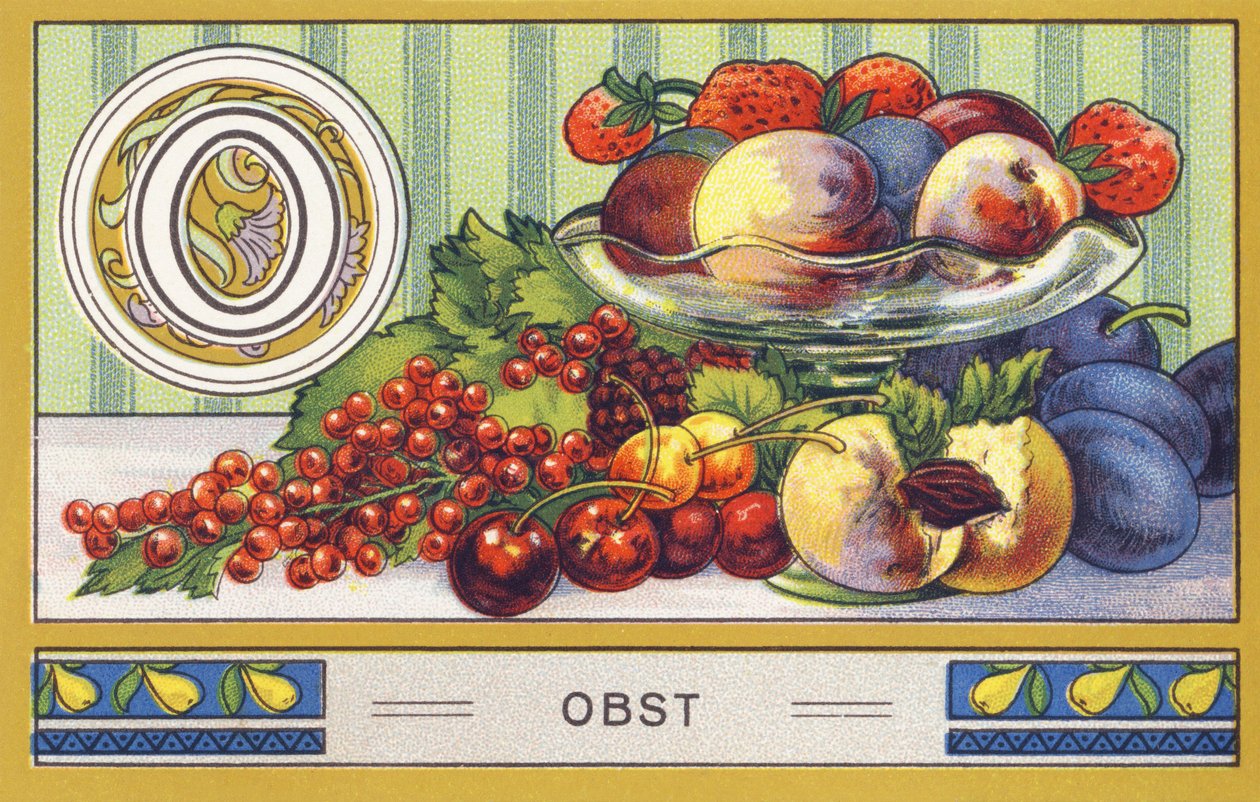 O: Hedelmä - Alphabet Palmin. Kromolitografiasarja, toimittanut H. Schlinck & Cie, Hamburg, s.d. . Publicite kaada Palmin hienointa kookosrasvaa. Mitat: 7 x 11 cm tekijältä William M. Timlin