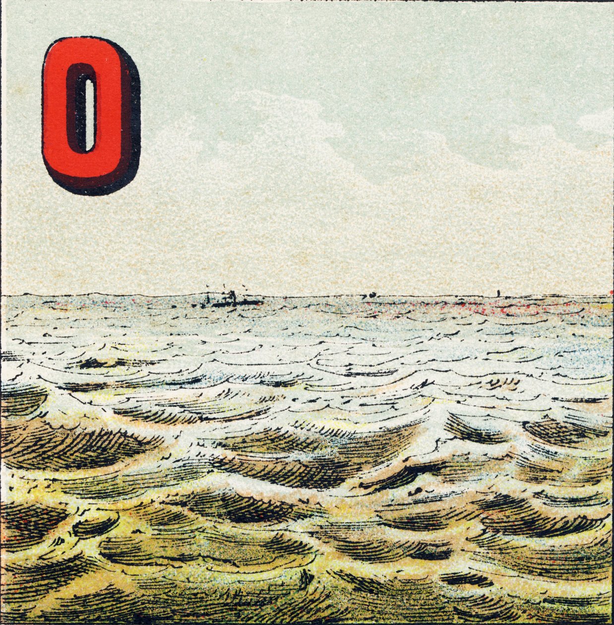 O: Ocean. Maan ympärillä oleva mittaamaton vedenavaruus. Valtameren vesi on suolaista; mies ei voi juoda sitä - Kaiverrus otettu maantieteellisestä aakkosesta. Guerin-Muller et Cie, kustantajat, Pariisi tekijältä Unbekannt