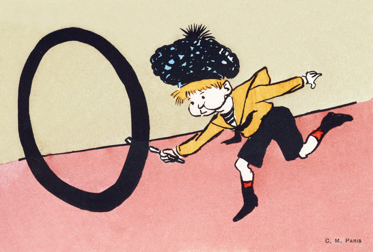 O O-muotoisena vanteena - Kids Alphabet. C.M.-toimittaja, Paris. Käsinmaalatut postikortit, frankeerattu 1904. Mitat: 14 x 9 cm tekijältä Unbekannt