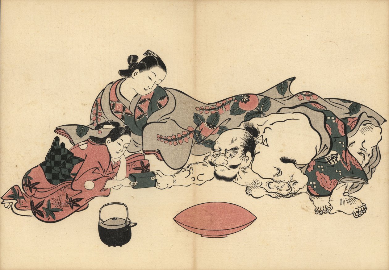Oiran-kurtisaani katselee kamuronsa (palvelustyttö) ja kuuluisan vahvan miehen Kinpiran välistä voimakamppailua. Edessä sake-kannu ja juomakulho. Masanobu Okumuran (1686-1764) tekemä puupiirros teoksesta Fuzoku Emakimono, Picture Scroll of the Water Trade, tekijältä Unbekannter Künstler