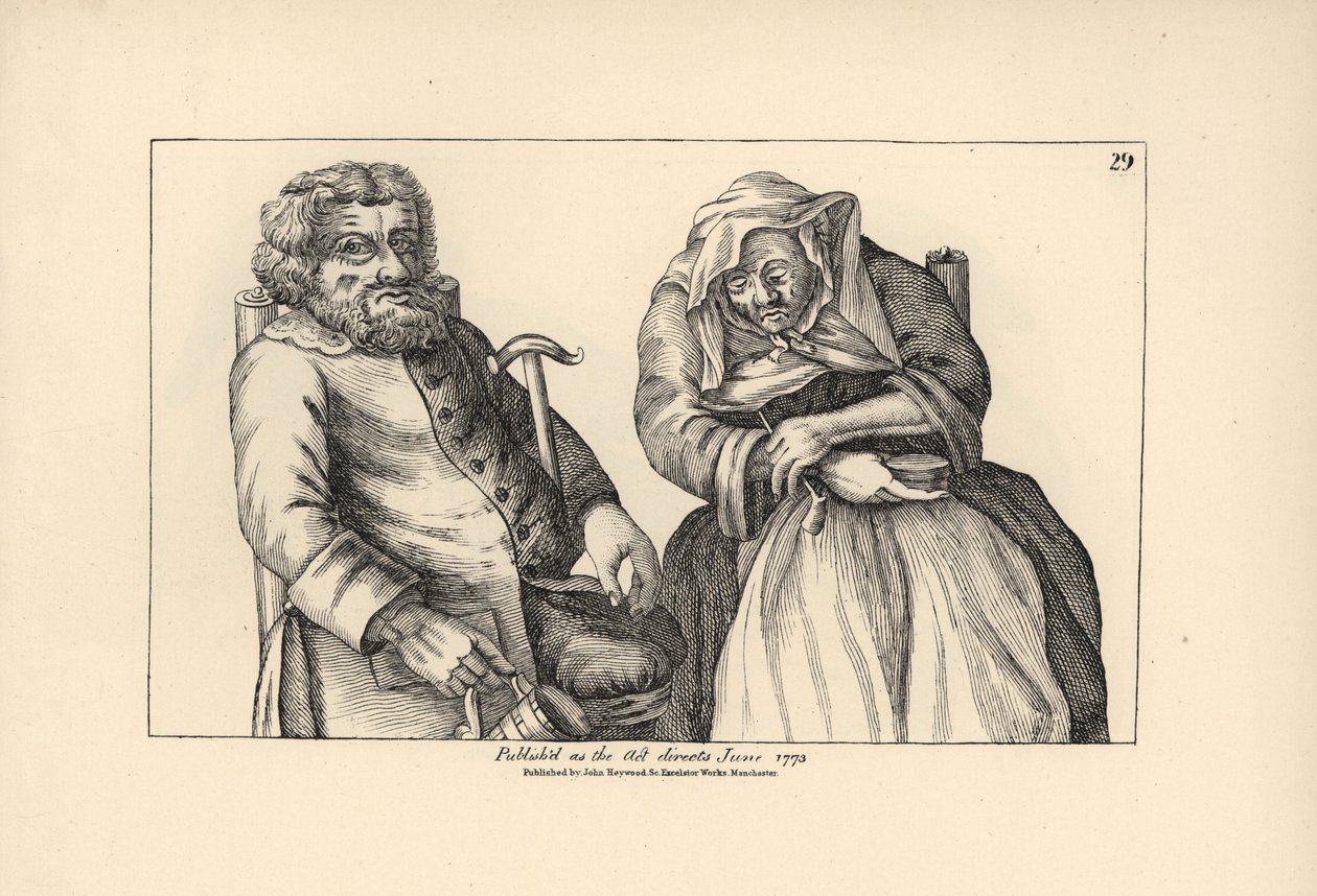 Vanha Darby tyhjän maljan kanssa ja Joan tupakkapiippunsa kanssa. Kuparikaiverrus Timothy Bobbinin (John Collier) (1708-1786) satiirisen kuvituksen mukaan teoksesta Human Passions Delineated, John Haywood, Manchester. tekijältä Unbekannter Künstler