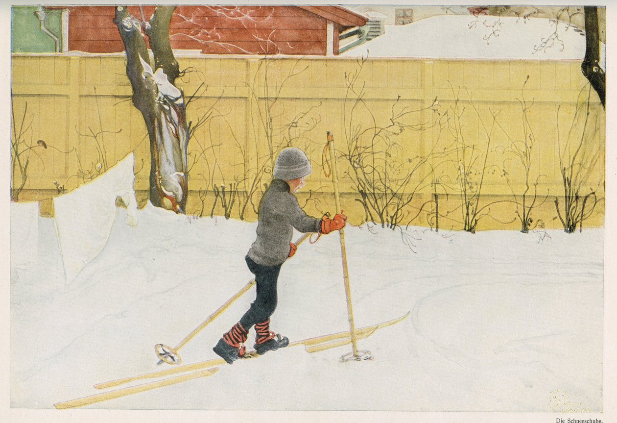 Yksi ruotsalaisen kuvittaja Carl Larssonin (1853-1919) lapsista, joka oppi liikkumaan suksilla. Piirustus "" Das haus in der sonne"" vuodelta 1921 tekijältä Unbekannt