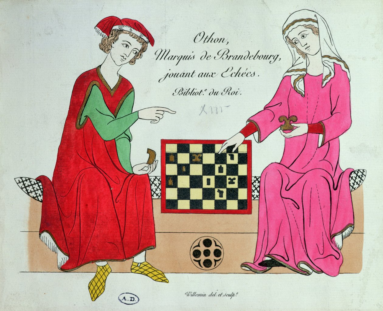 Otto IV, Brandenburgin markiisi, pelaamassa shakkia naisen kanssa, kuva Manesse Codexin tai Grosse Heidelberger Liederhandschriftin faksimilestä, valmistettu Züerichissä n. 1305-1340 (värilitho) tekijältä Unbekannt