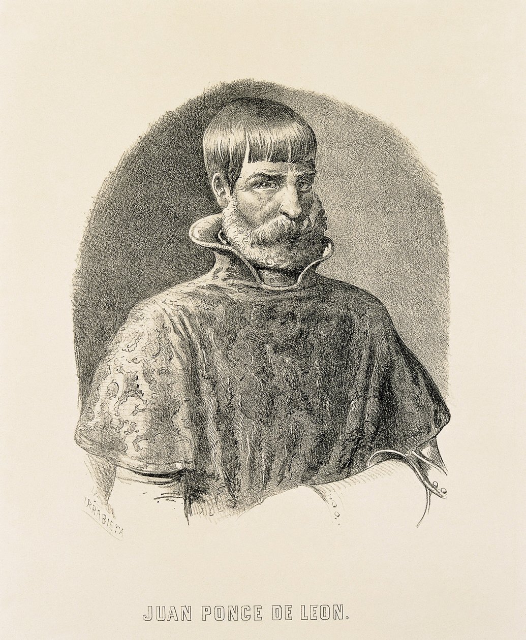 PONCE DE LEON, Juan (1460-1521). Puerto Ricon espanjalainen valloittaja (1508) ja Floridan löytäjä (1502) (kaiverrus). tekijältä Unbekannter Künstler