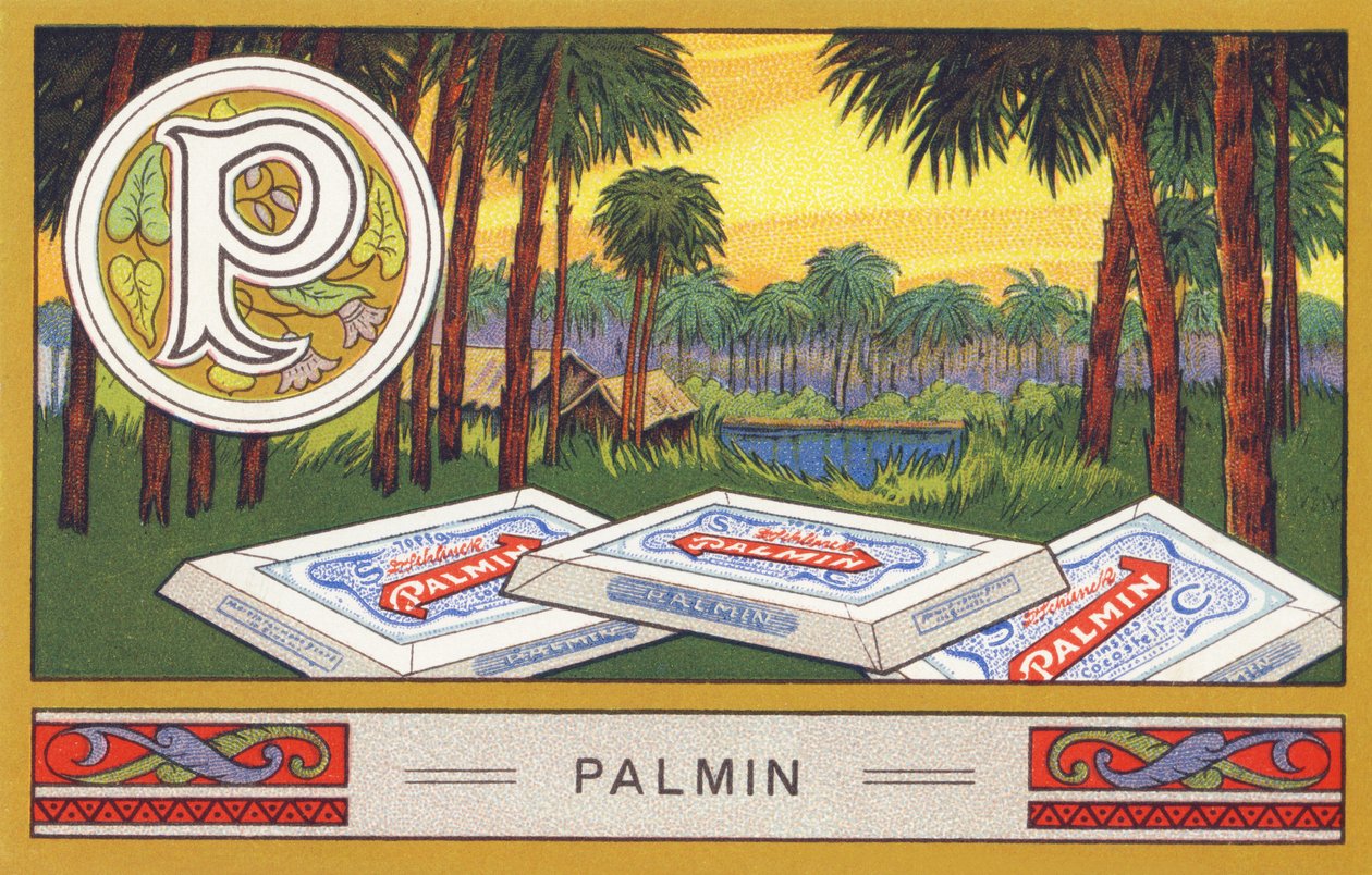 P: Palmine - Alphabet Palmine. Kromolitografioiden sarja, toimittajina H. Schlinck & Cie, Hamburg, s. d. . Mainos Palminin hienoimmasta kookosöljystä. Mitat: 7 x 11 cm tekijältä William M. Timlin