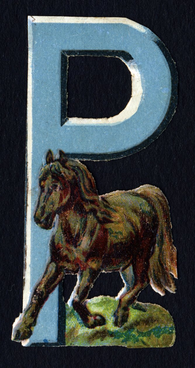 P kuin Pony. Beetle decoupis eläinten teemalla. Kaiverrus. Englanninkielisen 26 vohvelikromolitografian sarja. Toimittaja ja kuvittaja tuntematon. 1800-luvun loppu. Mitat: 5,5 x 3,5 cm tekijältä Unbekannt