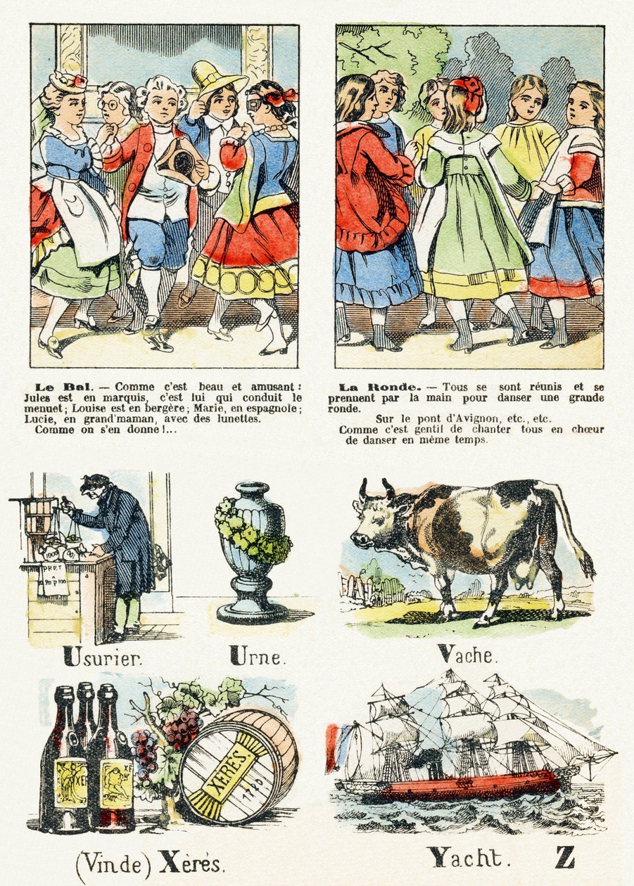 Sivu 8 - le bal -asu, la ronde - Child Entertainment Alphabet n.1890 (litografia) tekijältä Unbekannt