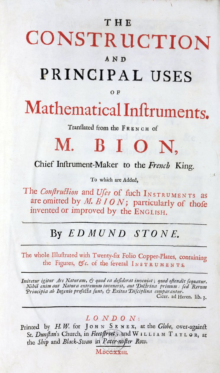 Nicolas Bionin (1652-1933) matemaattisia instrumentteja käsittelevän kirjan nimisivu, englanninkielinen käännös lisättynä "Englannin parannukset", julkaistu Lontoossa vuonna 1723 tekijältä Unbekannt