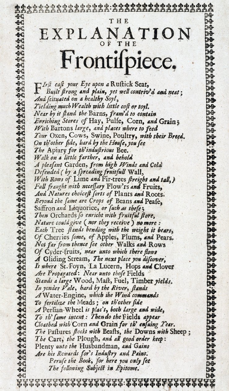 John Worlidgen (toimii 1669-1698) Lontoossa vuonna 1697 julkaistun julkaisun "Systema agriculturae: karjanhoidon mysteerin löytäminen" 4. painoksen otsikkosivu ja selitys runon muodossa. tekijältä Unbekannt