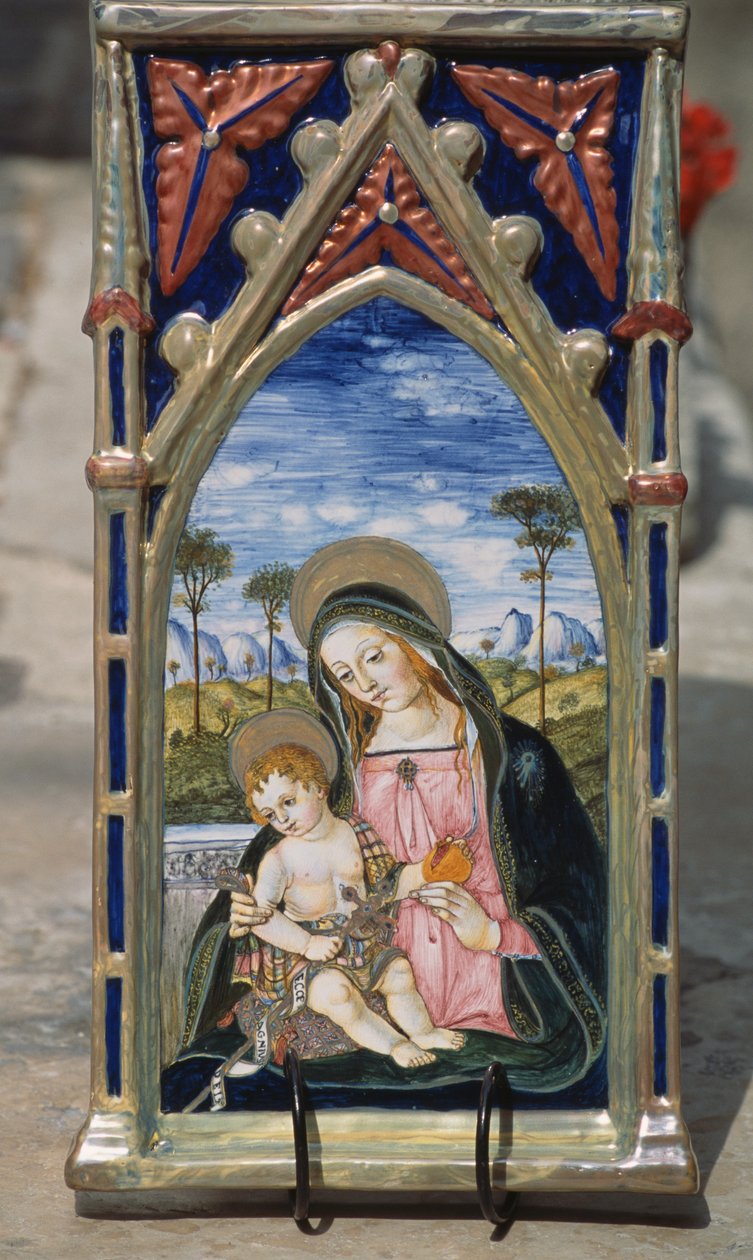 Maalattu keraaminen laatta, joka kuvaa Madonnaa ja lasta, Gualdo Tadino, Umbria, Italia tekijältä William M. Timlin