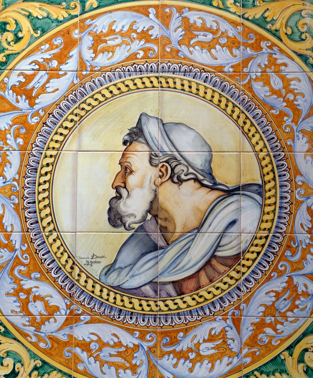Maalattu maiolica-paneeli, joka kuvaa vanhan miehen päätä Michelangelon tyyliin, valmistaja Ceramiche Desuir, Santo Stefano di Camastra, Sisilia, Italia, Yksityiskohta tekijältä William M. Timlin