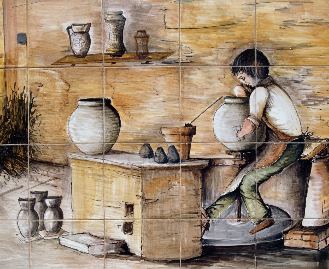 Maalattu maiolikapaneeli, jossa on keramiikan valmistusta esittävä kohtaus, käsityönä Ceramiche Desuir, Santo Stefano di Camastra, Sisilia, Italia, Yksityiskohta tekijältä William M. Timlin