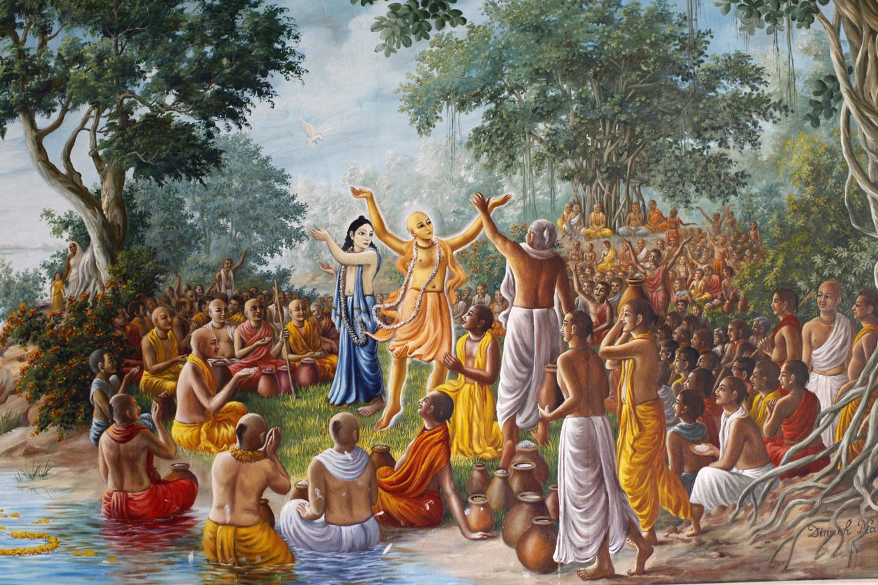 Maalaus Bhaktivedanta Manorissa, joka kuvaa lordi Caitanyaa, Lord Nityanandaa ja heidän seuraajiaan Ganges-joen rannalla. tekijältä Unbekannt