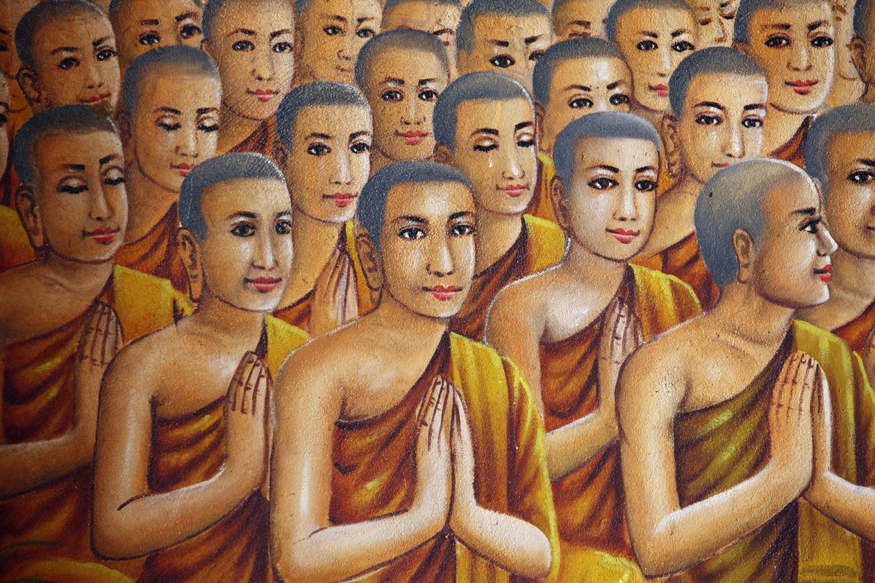 Maalaus, joka kuvaa munkkeja (kuuntelemassa Buddhaa) Udong Cambodgea tekijältä Unbekannt