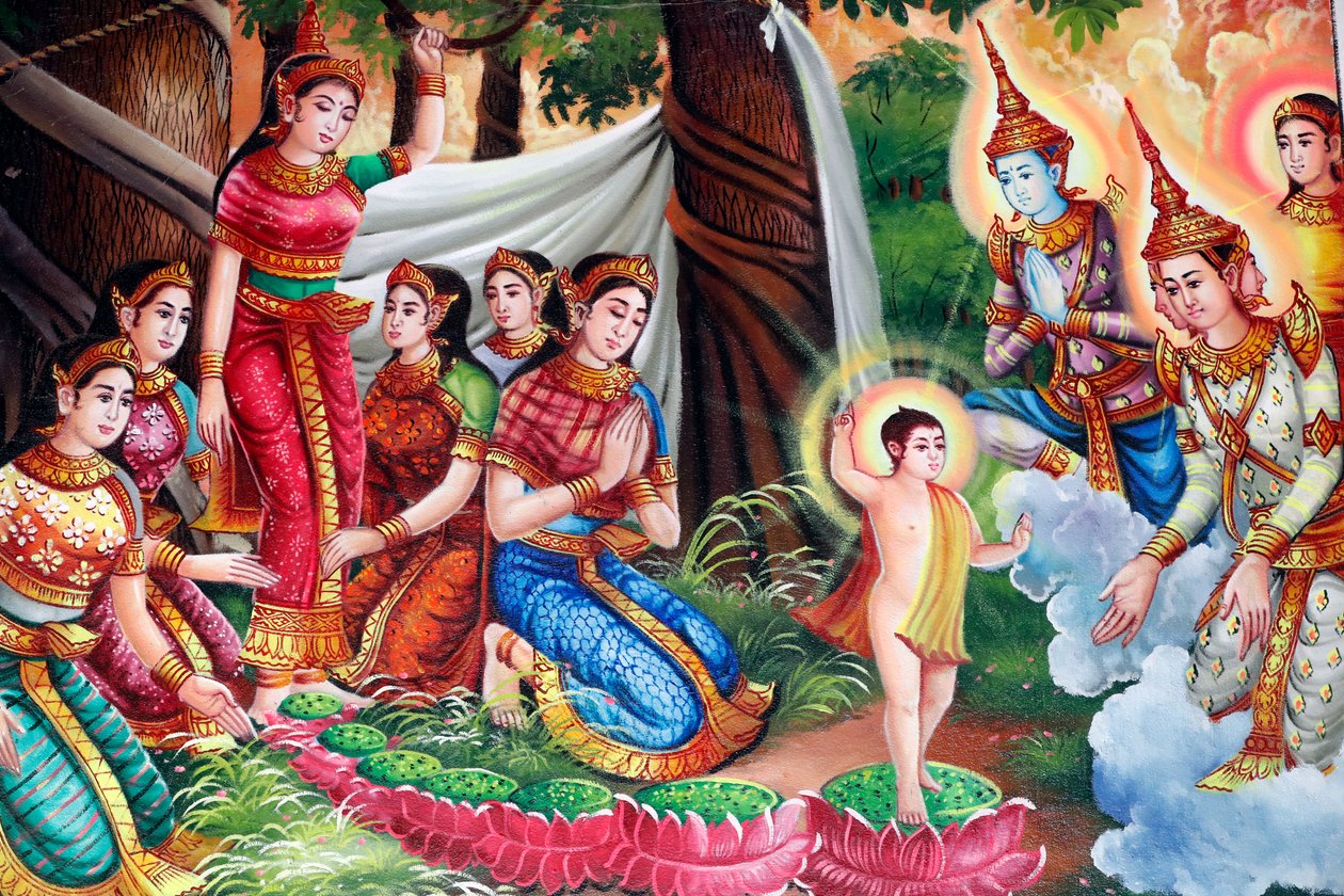 Shakyamuni Buddhan elämäntarinaa kuvaava maalaus. Buddhan syntymä Lumbinin lehdossa. Kep. Kambodža. (kuva) tekijältä Unbekannt
