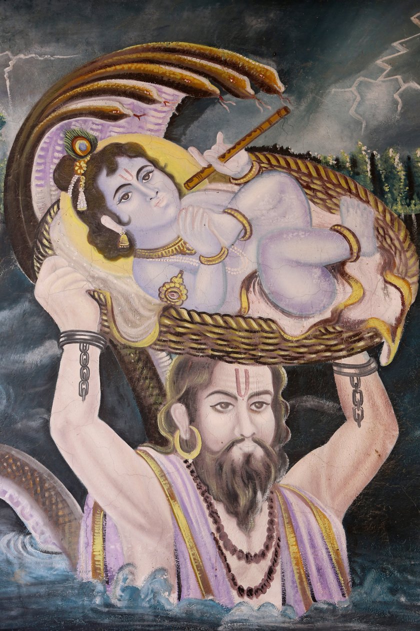 Maalaus Gokulissa: Krishna vauvana, jonka Vasudeva kantoi Yamuna-joen yli. Intia tekijältä Unbekannt
