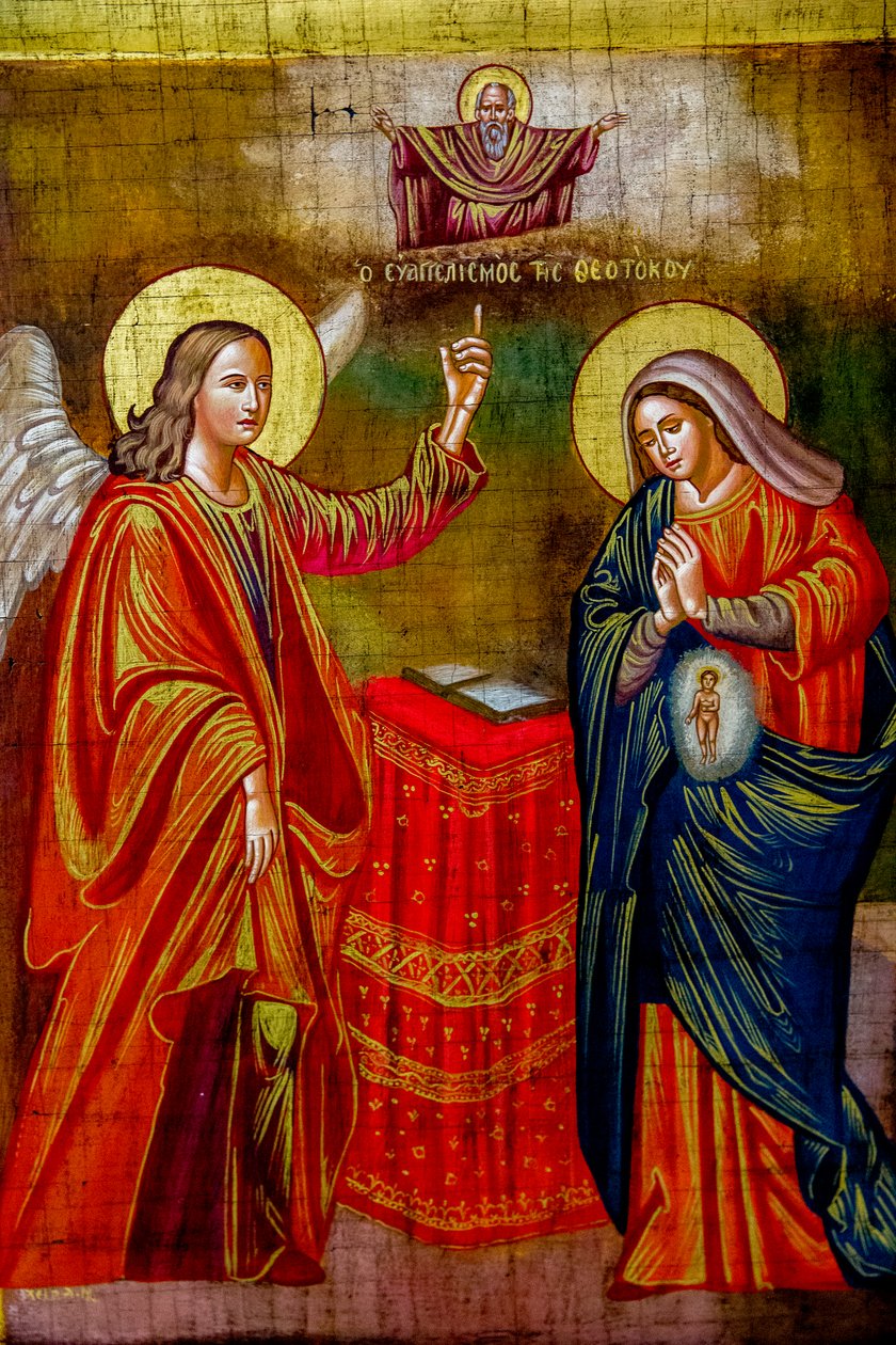 Maalaus Kreikan ortodoksisessa Marian ilmestyskirkossa, Nasaretissa, Israelissa, Annunciation, 2018 (kuva) tekijältä Unbekannt