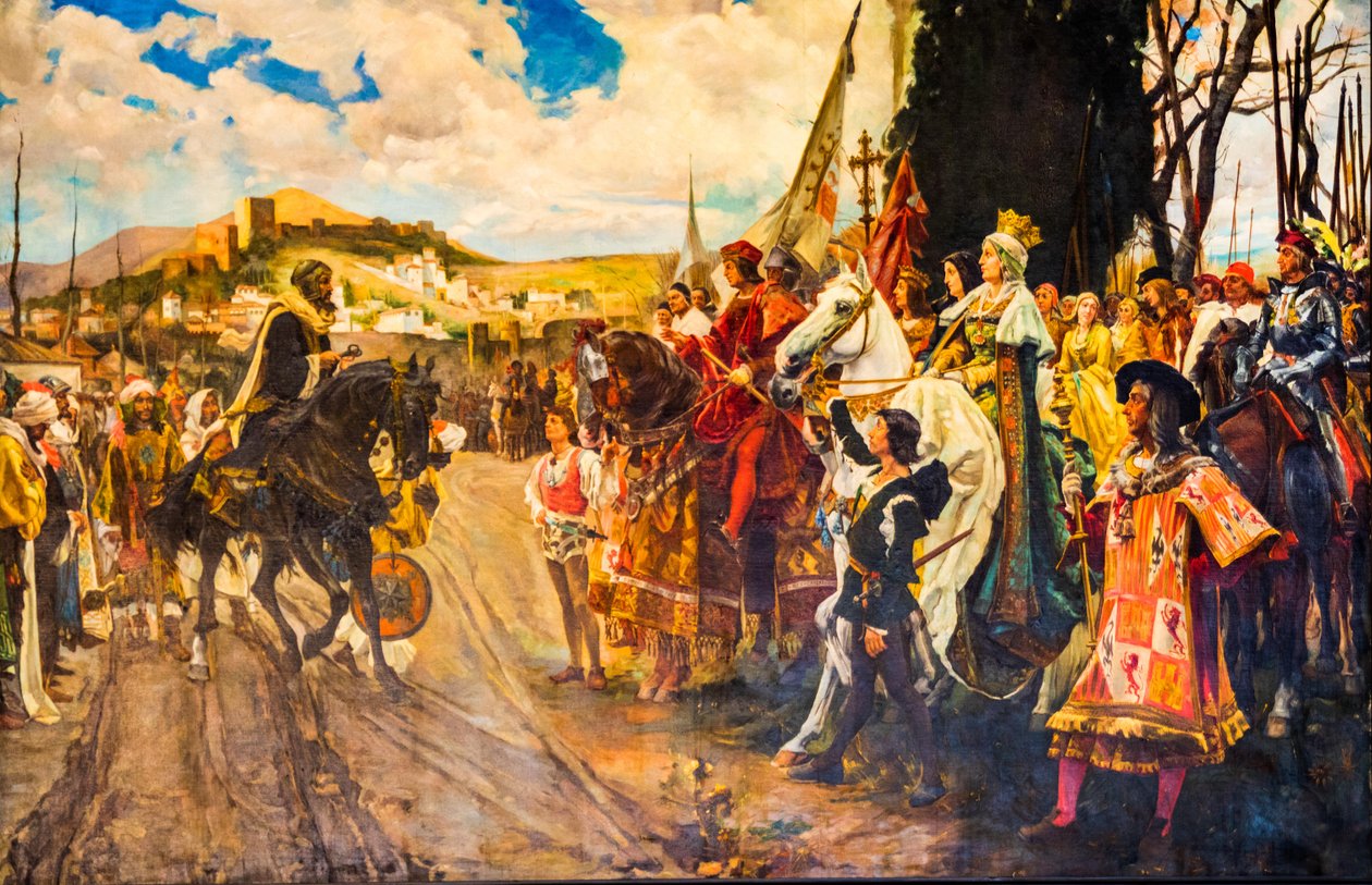 Maalaus maurien luovuttamassa avaimet kuningas Isabellalle, Capilla Real katolisten hallitsijoiden Isabella I ja Ferdinand II hautakappeli, Granada, Andalusia, Espanja, Eurooppa (kuva) tekijältä Unbekannter Künstler